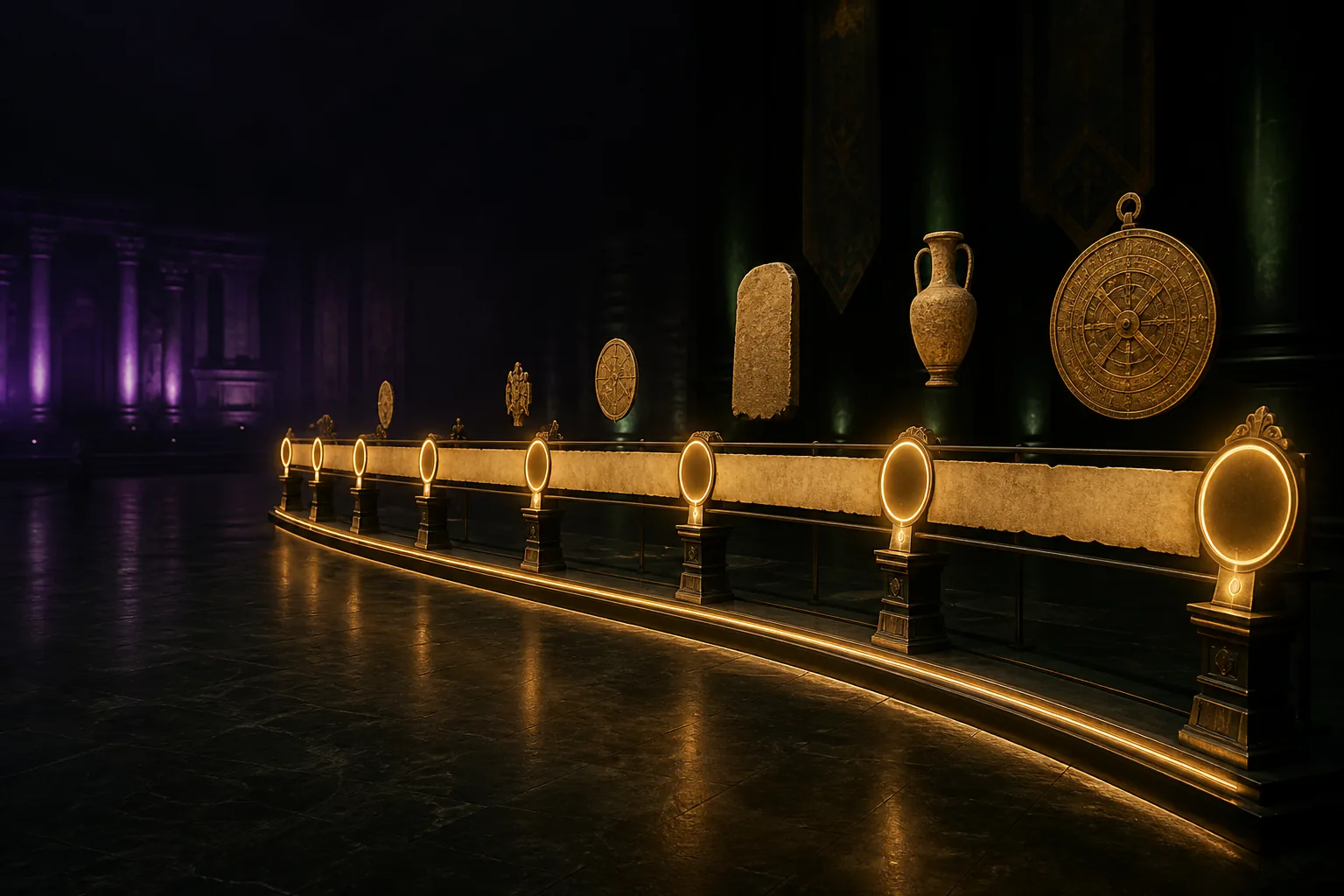 Frise chronologique histoire dans une galerie muséale sombre