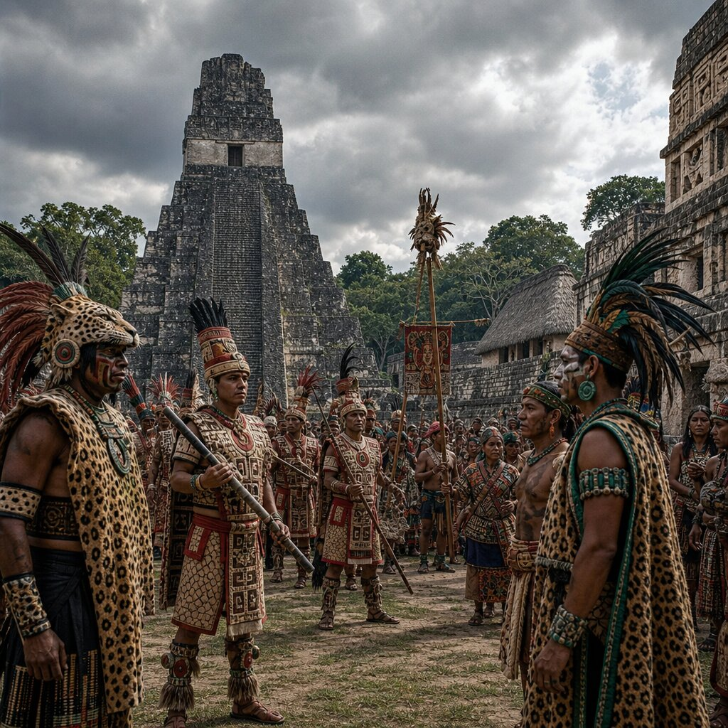 Illustration historique : L'Arrivée des Étrangers à Tikal (Siyaj K'ak')