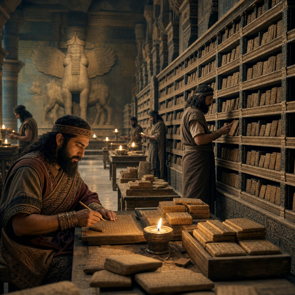 Illustration historique : Création de la Bibliothèque royale d'Assourbanipal à Ninive