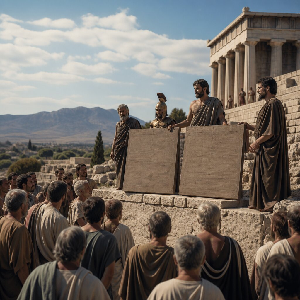 Historical illustration: Promulgation of Athens' First Written Law Code by Draco
