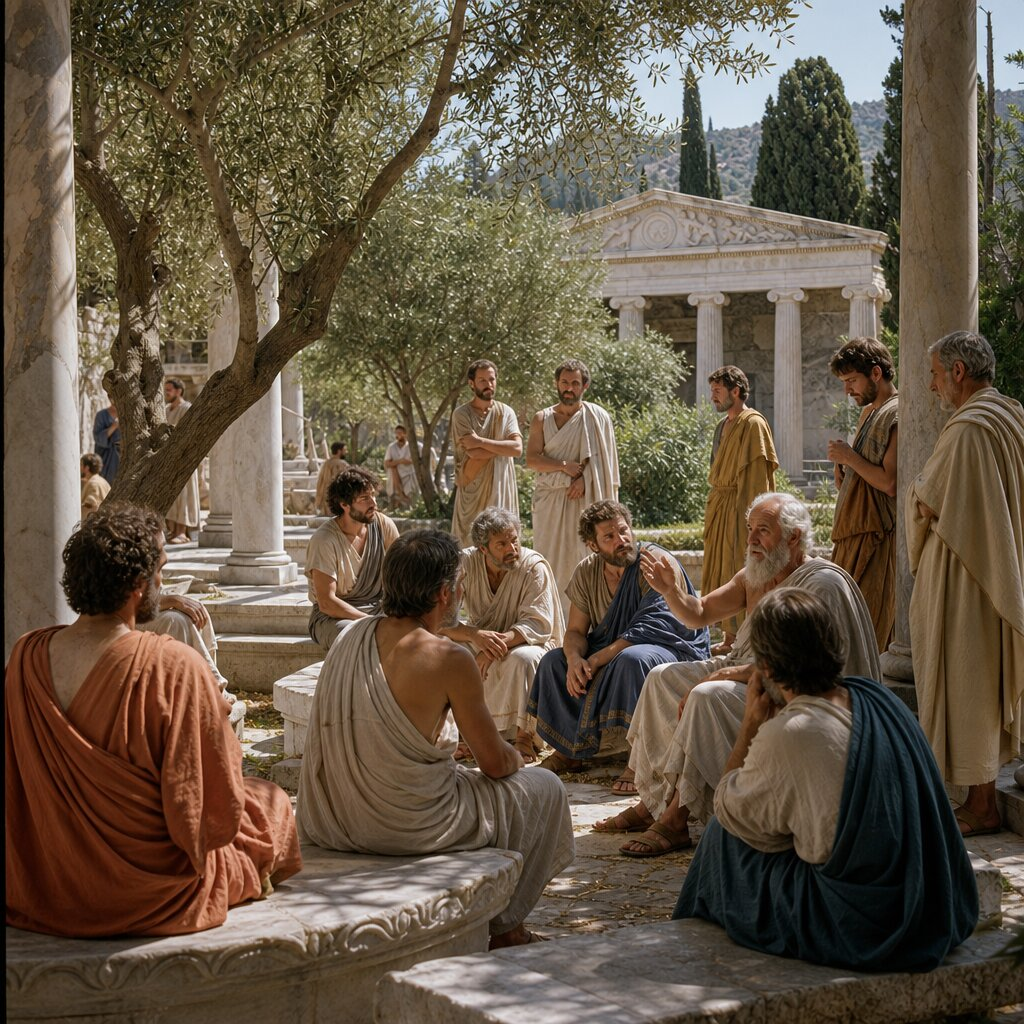 Illustration historique : Fondation de l'Académie par Platon à Athènes