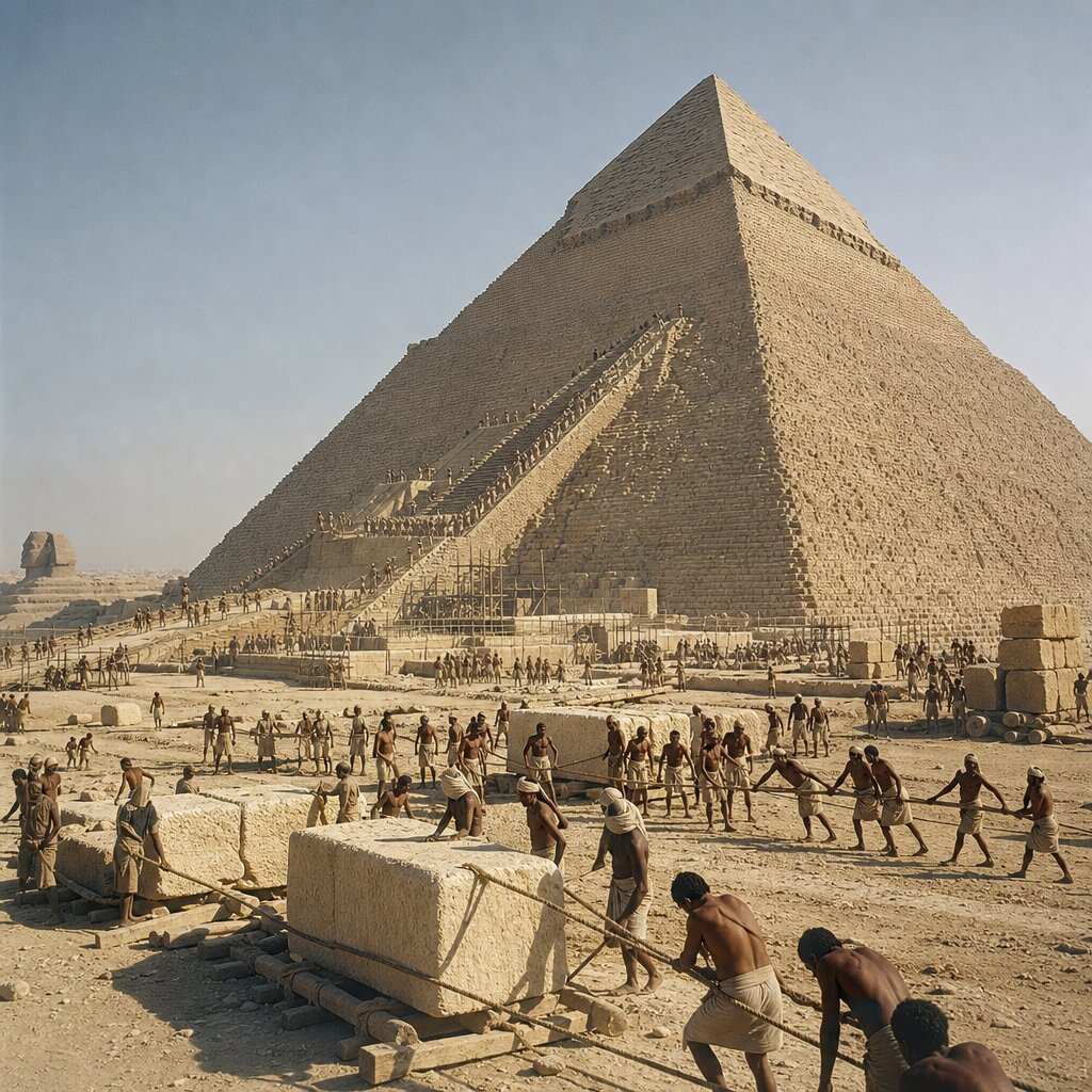 Illustration historique : Érection de la Grande Pyramide de Khéops à Gizeh