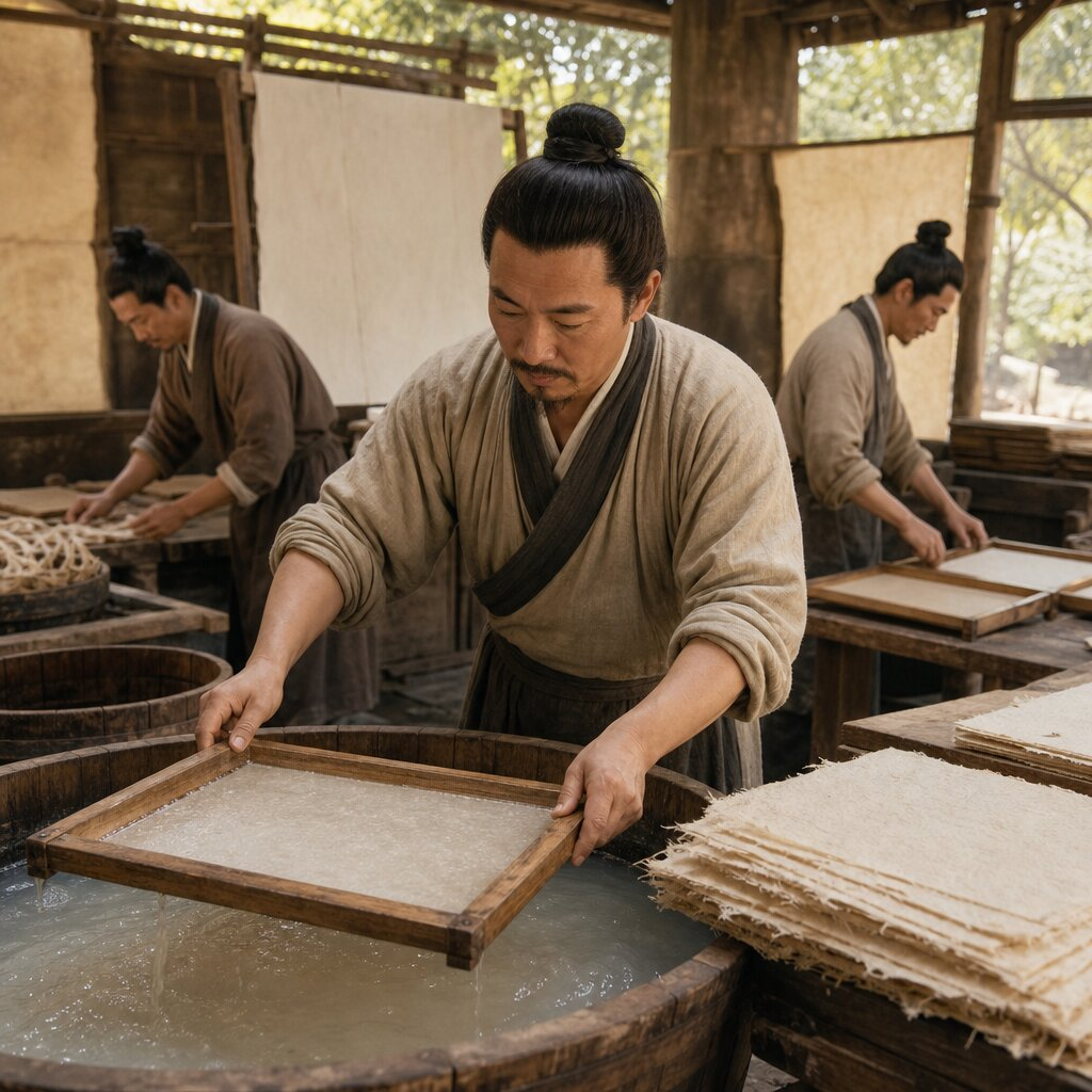Historical illustration: Official Invention of Paper-Making Process by Cai Lun