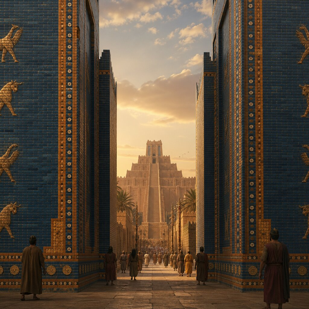 Historical illustration: Erection of Ishtar Gate and Etemenanki Ziggurat