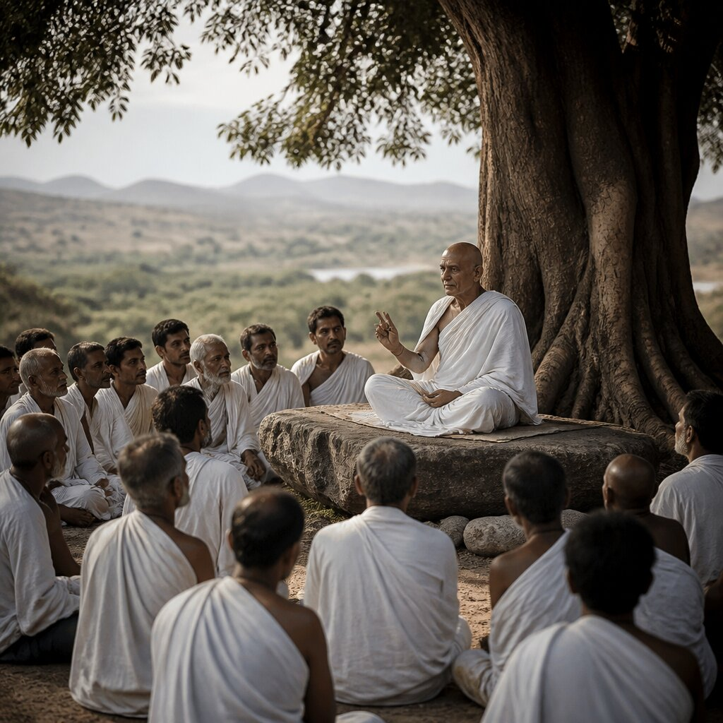 Illustration historique : Prédication de Mahavira et codification de la non-violence (*Ahimsa*)