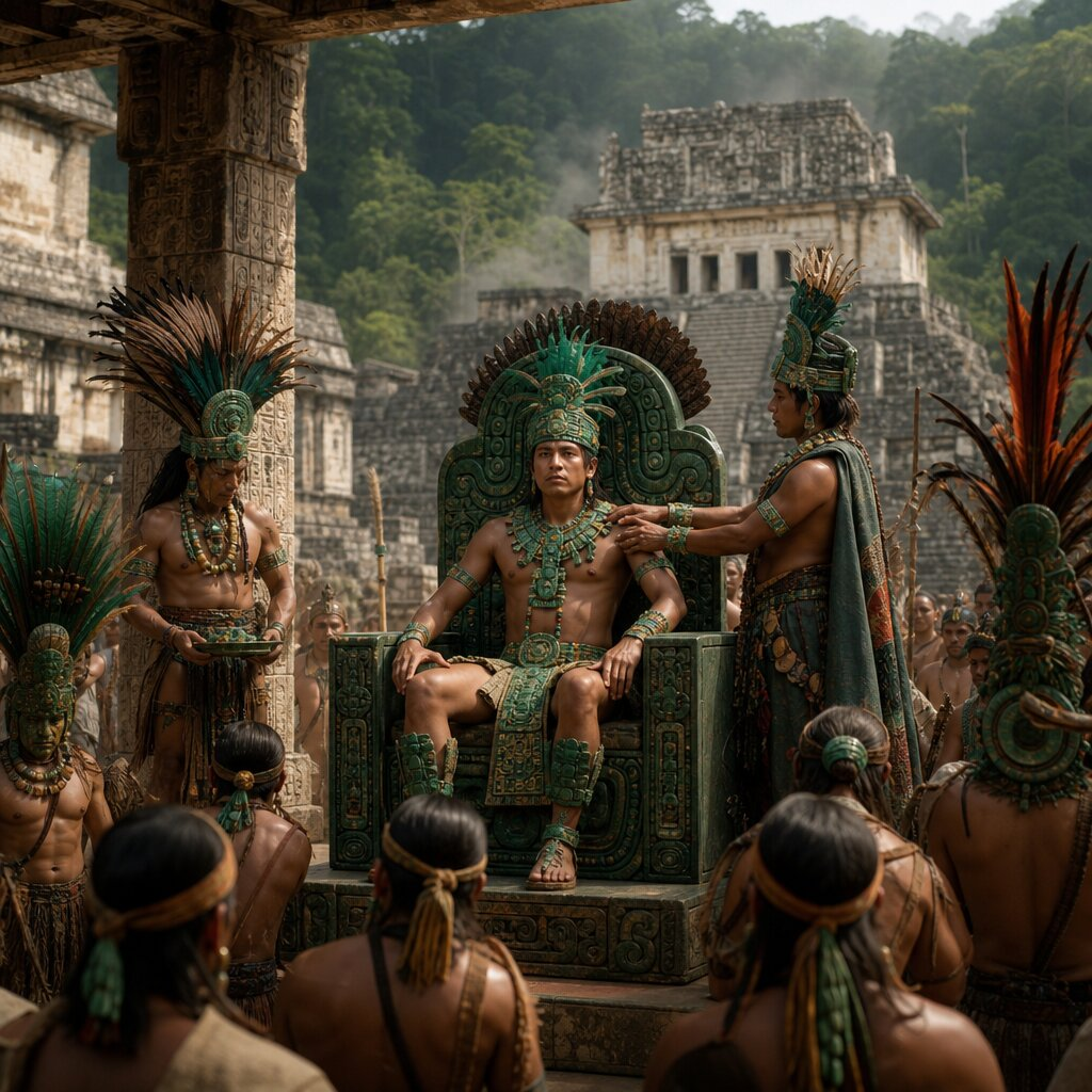 Illustration historique : Sacre de K'inich Janaab' Pakal Ier à Palenque