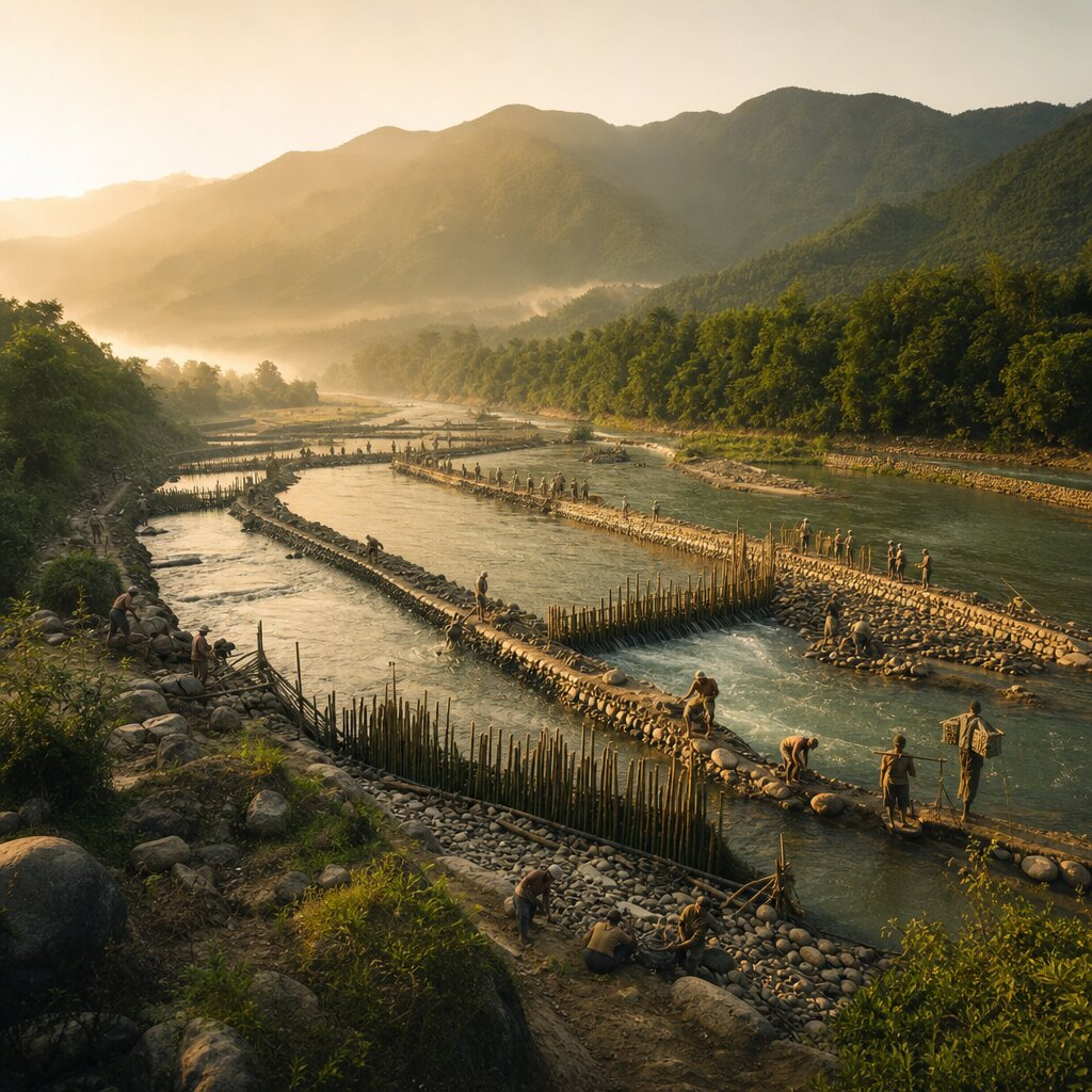 Historical illustration: Construction of Dujiangyan Irrigation System by Li Bing